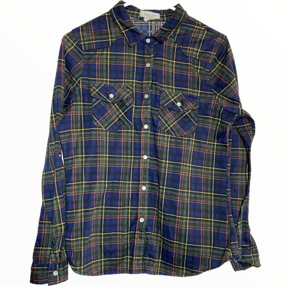 Passport Plaid Button Up Blouse Navy Blue Pearl Snap Buttons Medium - Picture 1 of 4